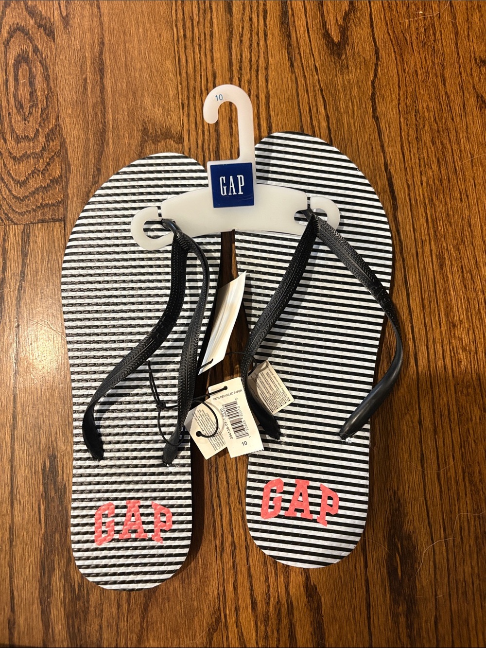 GAP Black & White Striped Flip Flops with Coral Logo size 10 - Picture 4 of 7